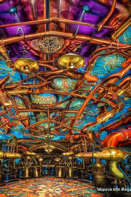 Prompt: beautiful matte colorful steampunk large room filled with steampipes and valves by alex grey