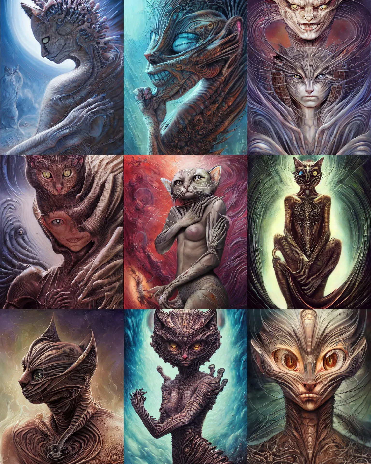 Prompt: cat human chimera, by antonio j. manzanedo, giger, alex grey, android jones, wayne barlowe, philippe druillet, raymond swanland, cyril rolando, josephine wall, harumi hironaka, trending on artstation