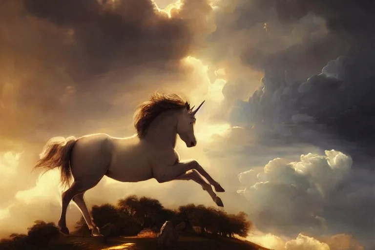 Image similar to a unicorn in the style of Caravaggio, walking across a rainbow. Beautiful clouds, highly detailed. Greg Rutkowski, digital art. Trending on artstation. Dramatic composition and beautiful light.