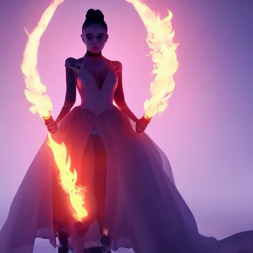 Prompt: Ariana Grande wearing witches dress holding a glowing fire magical staff. Trending on Artstation, octane render, ultra detailed, art by Ross tran