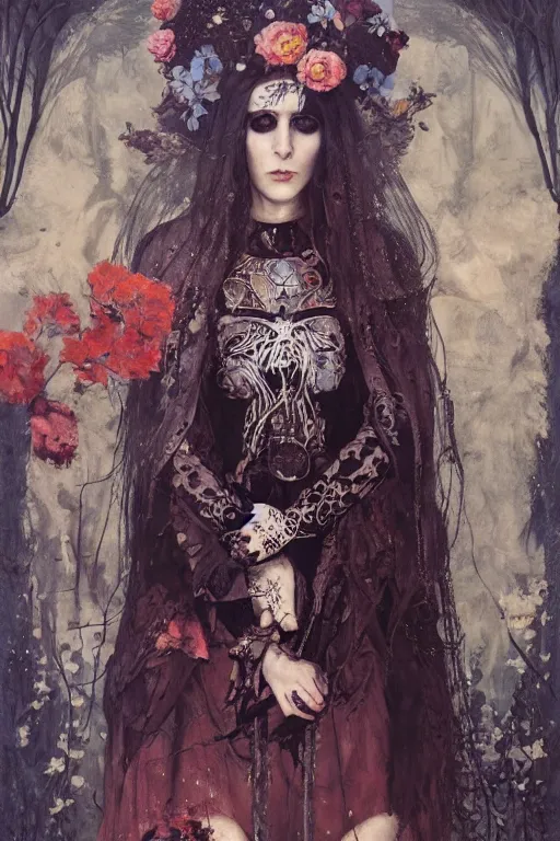 Prompt: portrait of a medieval priestess chelsea wolfe, goth punk, floral flowers, radiant colors, tarot, surreal, a flemish baroque by alexander mcqueen, art by john collier by greg rutkowski and craig mullins, oil on canvas