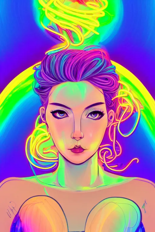 Image similar to a award winning portrait of a beautiful woman with stunning eyes in a one off shoulder croptop and cargo pants with rainbow colored hair, outlined by whirling illuminated neon lines and fine lines swirling in circles by lois van baarle, digital art, trending on artstation