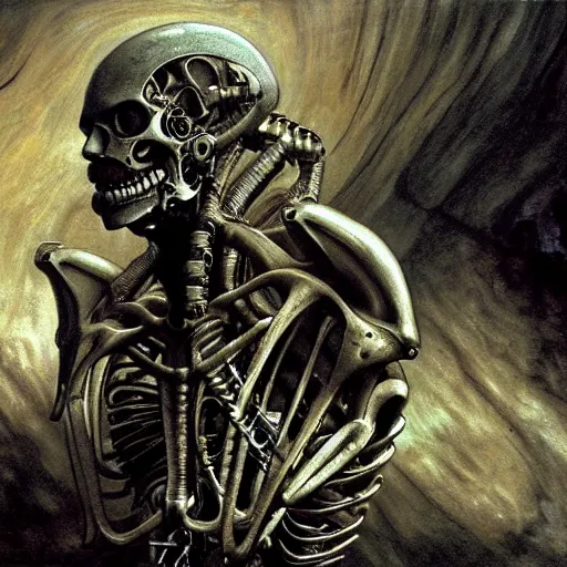 Prompt: biomechanical bone cyborg still frame from Prometheus movie by giger by Malczewski, undead king knight