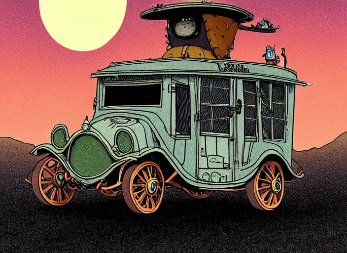 Image similar to a cell shaded cartoon of a lovecraftian tortoise stage coach from howl's moving castle ( 2 0 0 4 ), on a desert road, in front of a pale full moon, full body, wide shot, very dull colors, post grunge, studio ghibli, laurie greasley, highly detailed, deviantart, art by artgem