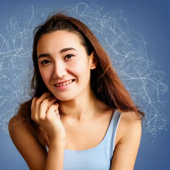 Prompt: portrait of 2 5 - year - old social media profil woman oval face with angle 9 0 ° centred looking away breading fresh air, strong spirit and look between serious and happy, background soft blue