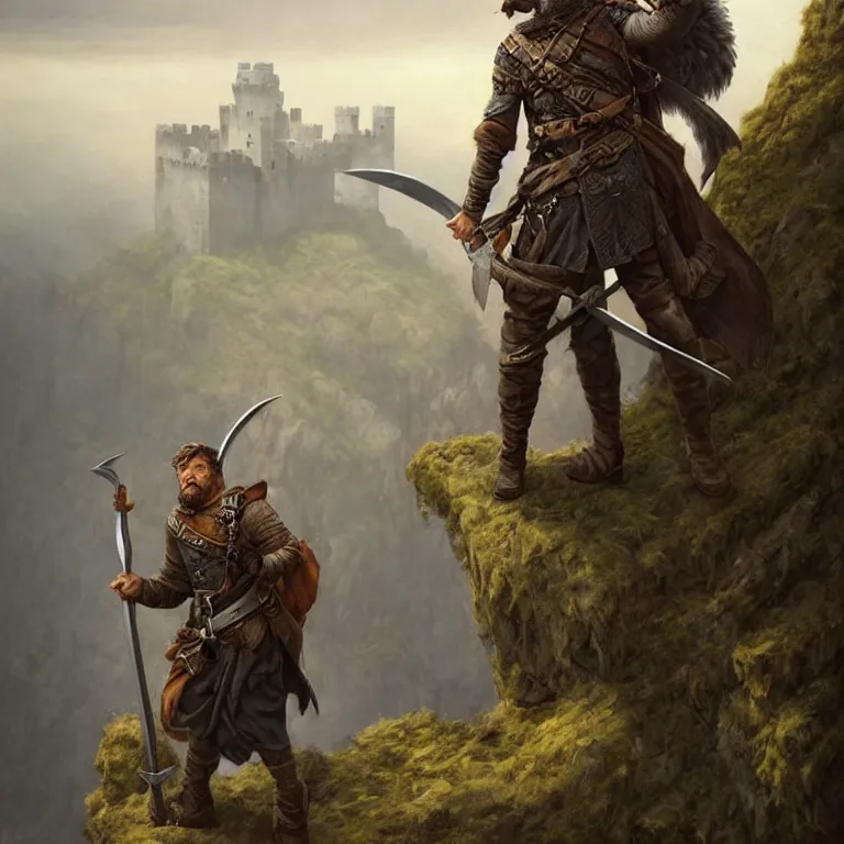 Image similar to middle age ranger with rugged expresions falcon pet on his sholder holding a long sword, top a cliff observing old ruins of a castle, elegant clothing, photorealistic render, matte patining, highly detailed, artstation, smooth, sharp focus, art by michael whelan, artgerm, greg rutkowski