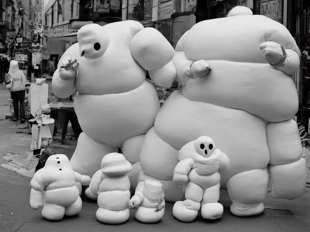 Image similar to 3 5 mm photography of michelin man and stay - puft marshmallow man taken by harry gruyaert