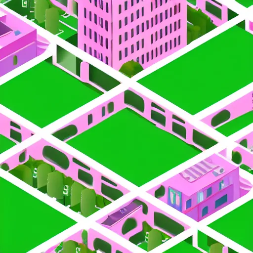 Prompt: isometric illustration of a dense urban city, lots of tall buildings and trees, pastel green and pastel pink colors, fun, soft, extremely detailed, 3d render, playful, sharp lines, toon shader, soft shadows, trending on artstation