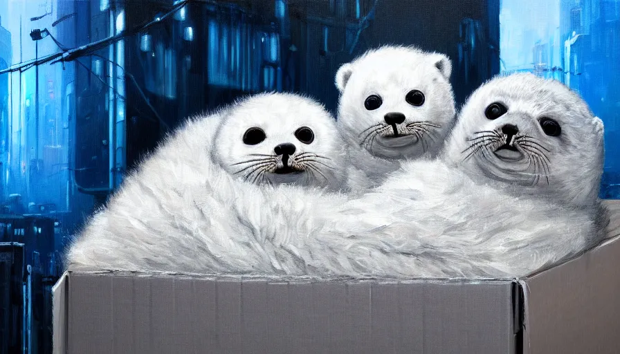 Prompt: highly detailed painting of cute furry white baby seals cuddled up in a cardboard box in a dystopian cyberpunk street by william turner, thick brush strokes and visible paint layers, 4 k resolution, blue and white colour scheme