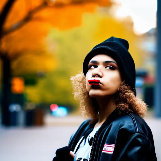 Image similar to Photograph of a mixed woman smoking, wearing a black beanie and black bomber jacket, urban environment, depth of field, 4k, 8k, hd, sigma 85mm f/1.4