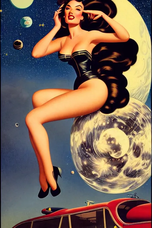 Image similar to beautiful retro space megan fox varga girl sitting on a rocket in diesel punk city, windblown dark hair, retro pinup model, seductive, 1 9 4 0, glamour pose, intricate, smoke, hyper detailed, digital art, smooth, sharp focus, alberto vargas, gil elvgren, greg rutkowski, propaganda poster