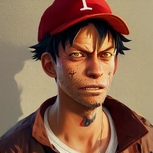 Image similar to highly detailed portrait luffy in gta v, stephen bliss, unreal engine, fantasy art by greg rutkowski, loish, rhads, ferdinand knab, makoto shinkai and lois van baarle, ilya kuvshinov, rossdraws, tom bagshaw, global illumination, radiant light, detailed and intricate environment