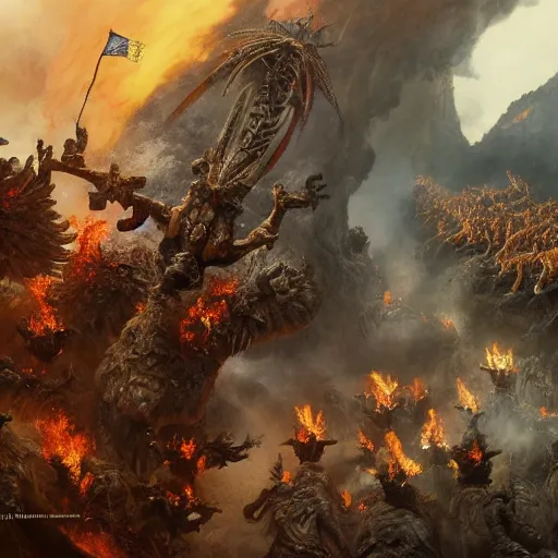 Prompt: an army of muppet demons flying out of a volcano with flag bearers and trumpeters, intricate detail, royo, vallejo, frazetta, giger, whealan, hd, unreal engine,