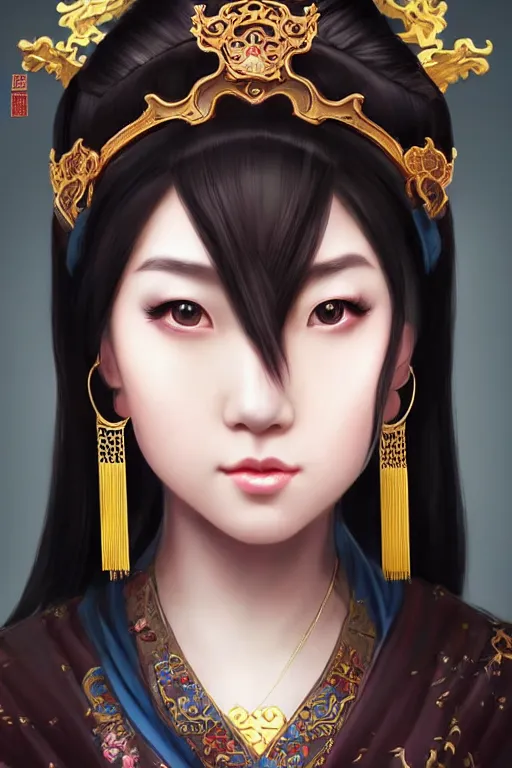 Image similar to a lovely and shiny young empress of qing dynasty, face by artgerm, ross tran, fuji choko, loish, 8 k resolution, attractive, symmetrical portrait, beautifully detailed landscape of ruin, trending on pixiv and pinterest, charming black eyes, luxury, perfect face, smooth, dreamlike