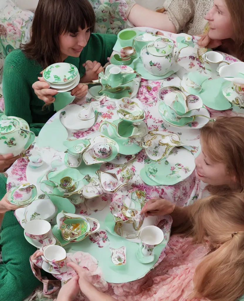 Image similar to cup and saucers it’s tea time with your green aunt and her best friend mid day London room