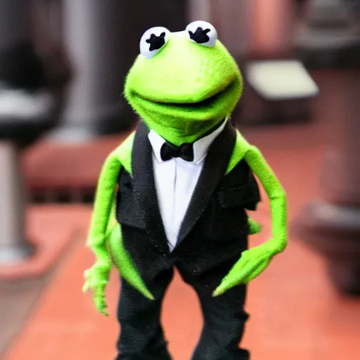 Image similar to kermit the frog wearing a tux to a movie theater, photorealistic, 4k, high detail