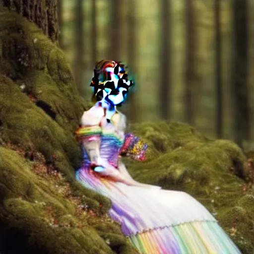 Image similar to emma watson as an elf wearing a long rainbow wedding gown sitting in a colorful forest