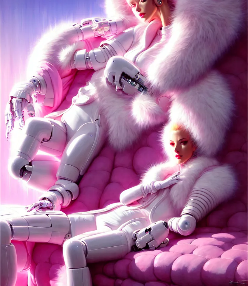 Image similar to beautiful fantasy character portrait, wearing pink puffy bomber jacket with white fur, seductive reclining pose, futuristic robots sitting, ultra realistic, dramatic lighting, robots, the fifth element artifacts, highly detailed by peter mohrbacher, hajime sorayama, wayne barlowe, boris vallejo, aaron horkey, gaston bussiere, craig mullins