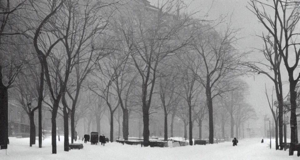 Prompt: image of a street in the winter, black and white photograph by andre kertesz