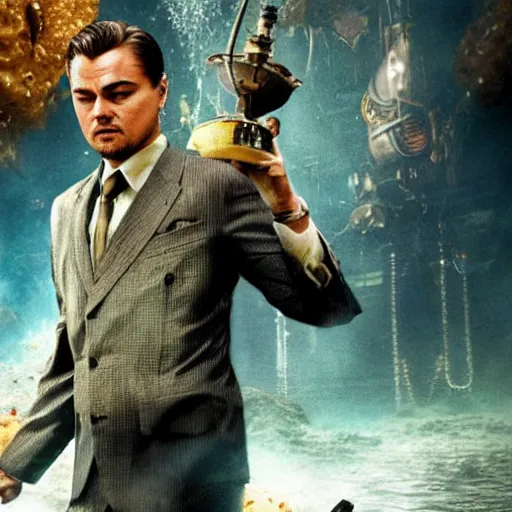 Prompt: movie poster depicting andrew ryan, portrayed by leonardo dicaprio, in a new live - action bioshock movie, the underwater city of rapture is also present