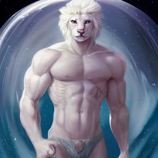 Prompt: aesthetic portrait commission of a albino muscular and attractive anthro lion floating inside a floating soap bubble like as if it was in the womb in a blue cloudy sky with clouds orbiting the bubble like a planet, minimalistic art, hyperdetailed. Character design by charlie bowater, ross tran, artgerm, and makoto shinkai, detailed, inked, western comic book art, 2021 award winning painting