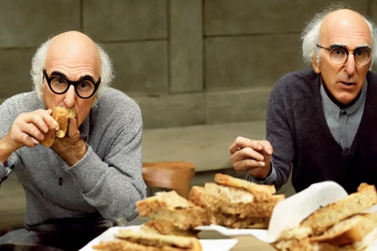 Prompt: larry david eating a sandwich, the blair witch project film still, greyscale