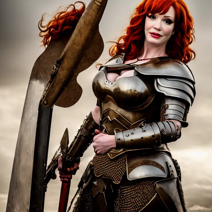 Prompt: full length photograph of a real-life christina hendricks as a valkyrie warrior, Extremely detailed. 8k