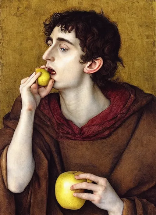 Image similar to (((( a painting of a Timothee Chalamet EATING an APPLE, a character portrait by Dürer, behance, pre-raphaelitism, da vinci,y pre-raphaelite, detailed painting“