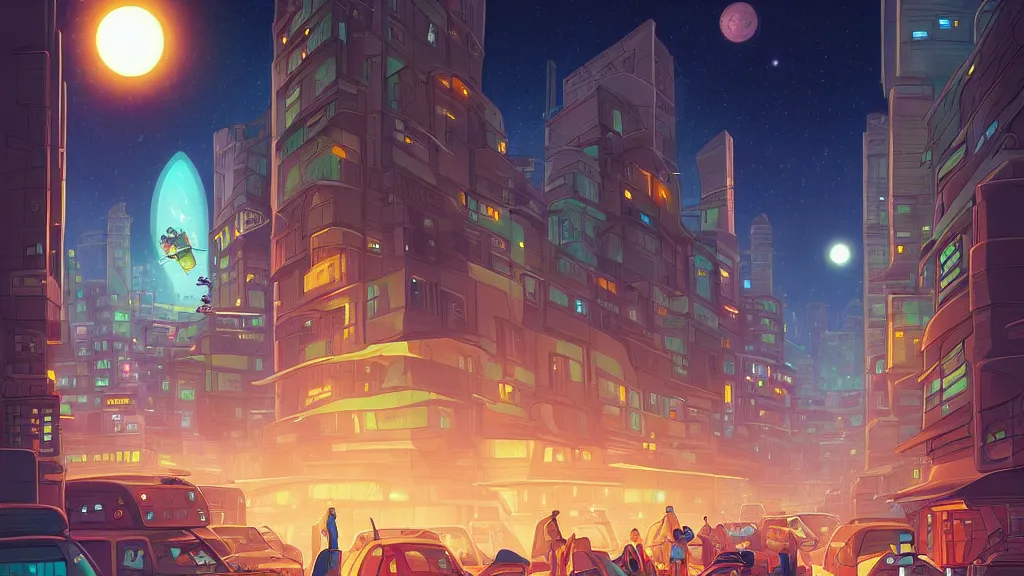 Prompt: the busy city street looking towards the spaceport at night by cyril rolando and naomi okubo and dan mumford