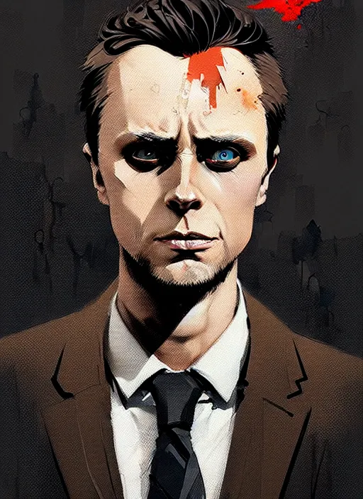 Prompt: highly detailed closeup portrait of angry handsome martin wallstrom, tyrell wellick, wearing suit by atey ghailan, by greg rutkowski, by greg tocchini, by james gilleard, by joe fenton, by kaethe butcher, gradient blue, brown black and white only color scheme, grunge aesthetic!!! ( ( graffiti tag wall background ) )