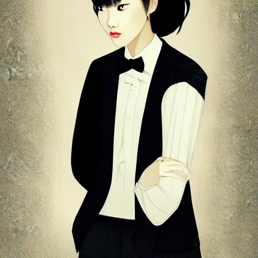 Image similar to portrait of a beautiful korean girl wearing a men's tuxedo, with long hair and bangs, angular features, angry expression, digital art, elegant pose, detailed illustration