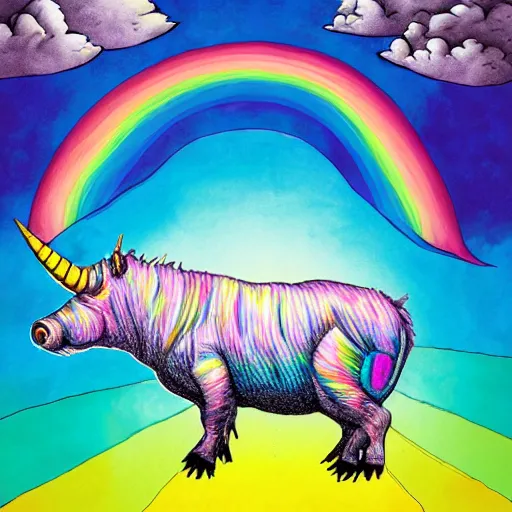 Prompt: trippy comic art of a unicorn horned pig with white wings sleeping on a rainbow in the sky with white clouds, drawn by Martin Rowson, Tim Burton, Studio Ghibli, Alex Pardee, Nekro Petros Afshar, James McDermott, colors by lisa frank, unstirred paint, vivid color, cgsociety 4K