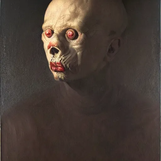Prompt: the most disturbing oil painting ever made by christian rex van minnen of a portrait of an extremely bizarre disturbing mutated man with intense chiaroscuro lighting perfect composition