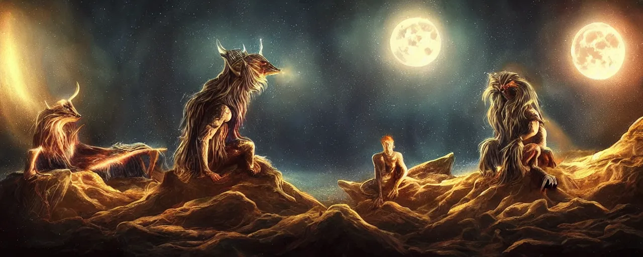 Prompt: uncanny!!! bifrost!!! mythical beasts of sitting around a fire under a full moon at bifrost, surreal dark uncanny painting by ronny khalil