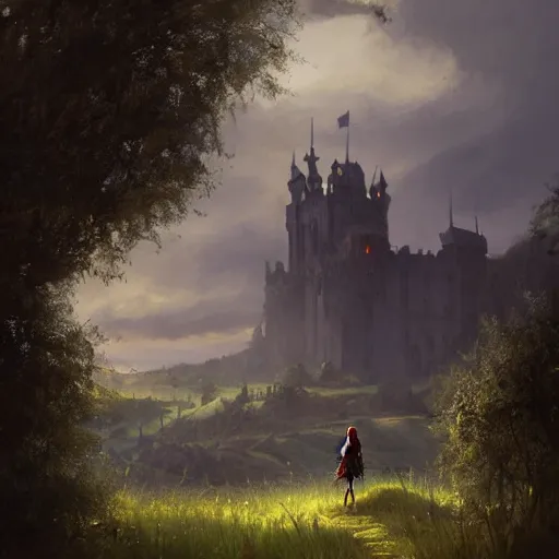 Prompt: a warrior girl with short black hair wearing a gray cloak and boots standing in a meadow with medieval fantasy landscape with castle in the distance, shot from behind, digital art, by andreas rocha, by greg rutkowski, trending on artstation, 4k, vibrant colors
