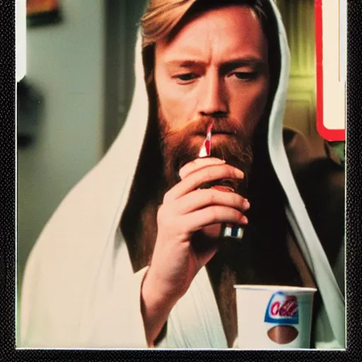 Prompt: obi - wan kenobi drinking a coke in 1 9 8 1, spontaneous portrait, polaroid, rule of thirds