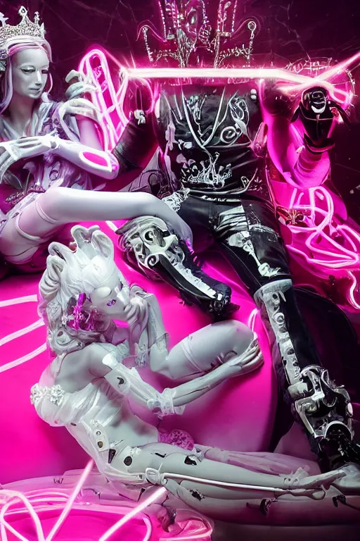 Image similar to full-body rococo and cyberpunk style neon statue of a young attractive futbolero macho dotado e rico android sim roupa reclining con las piernas abertas e la piroca dura, glowing white laser eyes, prince crown of pink gears, diamonds, swirling silver-colored silk fabric. futuristic elements. full-length view. space robots. human skulls. intricate artwork by caravaggio. Trending on artstation, octane render, cinematic lighting from the right, hyper realism, octane render, 8k, depth of field, 3D