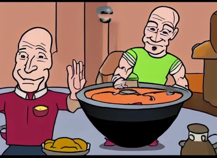 Prompt: a cartoon of patrick stewart sitting inside a big pot of stew