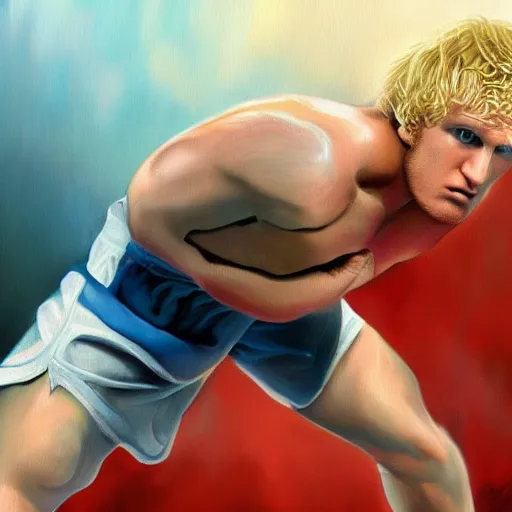 Image similar to brock lesnar in a boxing match with logan paul, artstation hall of fame gallery, editors choice, #1 digital painting of all time, most beautiful image ever created, emotionally evocative, greatest art ever made, lifetime achievement magnum opus masterpiece, the most amazing breathtaking image with the deepest message ever painted, a thing of beauty beyond imagination or words, 4k, highly detailed, cinematic lighting