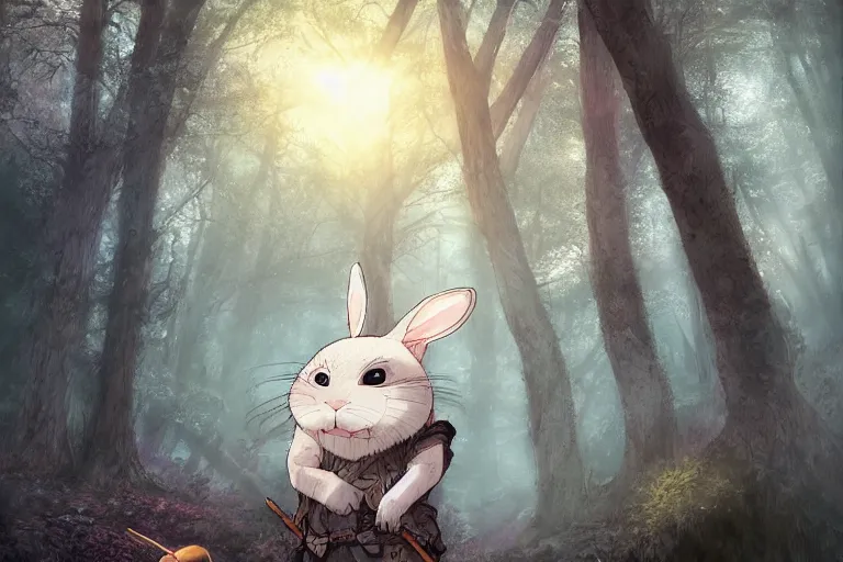 Image similar to portrait of an ashigaru bunny, sunset, ominous shadows through the forest, he has a pike, studio ghibli, the bunny is in a forest valley by brian froud and jessica rossier