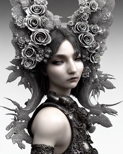 Image similar to bw dreamy close - up profile face, beautiful young porcelain intricate steampunk bio - mechanical vegetal - dragon - cyborg - female, white roses ornate metallic armour, white fluffy feathers, fine mandelbrot fractal lace, 1 5 0 mm, soft rim light, elegant, hyper real, ultra detailed, octane render, hg giger, 1 6 k