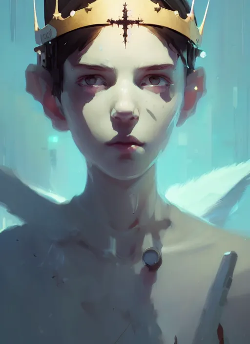 Image similar to portrait of cute angel maiden girl with crown of thorns and white short hairs, warhammer, cyberpunk, by atey ghailan, by greg rutkowski, by greg tocchini, by james gilleard, by joe gb fenton, by kaethe butcher, dynamic lighting, gradient light blue, brown, blonde cream and white color in scheme, grunge aesthetic