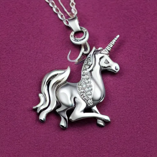 Image similar to a lovely silver cartoon unicorn necklace pendant, 3 d rendering, pandora style, tiffany style, swarovski style, van cleef & arpels style, cartier style, boucheron style, bulgari style, chaumet style, elegant, noble, stylish