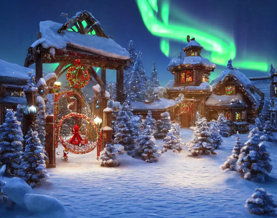 Image similar to a very detailed concept art of intricate and well designed jingle bell gates to north pole, infused with aurora borealis, dynamic lighting, trending on artstation, path traced, highly detailed, high quality, digital painting, digital art, 4 k, hyper realistic, octane render, sharp focus