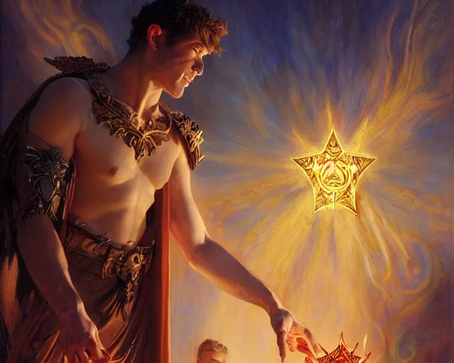 Image similar to attractive male deity, casting demonic magic, summoning handsome lucifer morning star. highly detailed painting by gaston bussiere, craig mullins, j. c. leyendecker 8 k