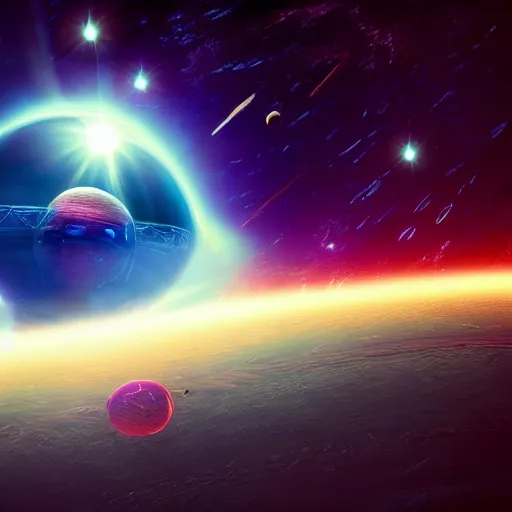 Image similar to astronaut floating in a galaxy glowing sun many shining stars cyberdelic, nintendocore, supremely digital, space - age, unreal engine, super detailed, dreamlike lighting, god rays