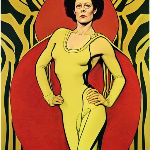 Prompt: portrait by joshua middleton of the actress, sigourney weaver as ming the merciless, archenemy of flash gordon, saviour of the universe, klimt, mucha, 1 9 7 0 s poster,