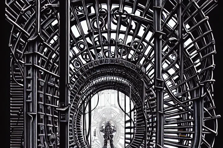 Image similar to a double helix dna cyberpunk steampunk carved archway, high details, lineart, by vincent di fate and joe fenton, inking, screen print, masterpiece, trending on artstation, sharp, high contrast, hyper - detailed, ultrawide, hd, 4 k, 8 k