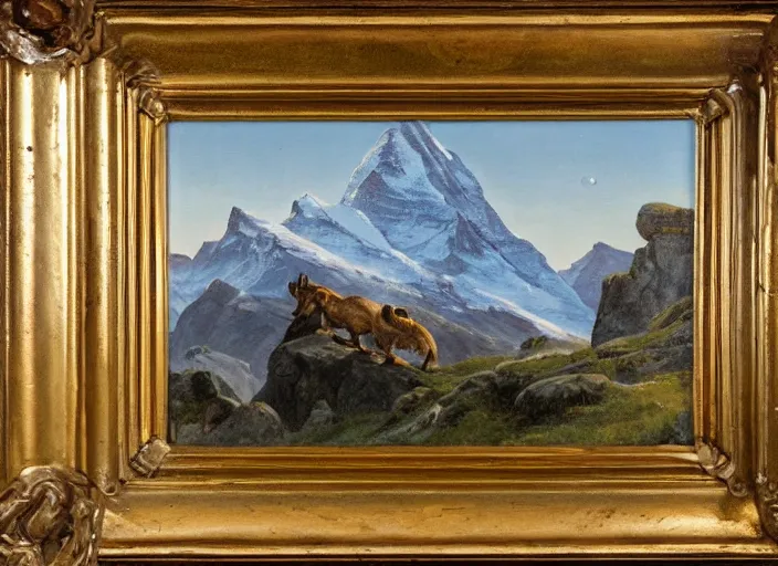 Image similar to alpine ibexes climbing in the alps with the matterhorn in the background in the style of hudson river school of art, oil on canvas