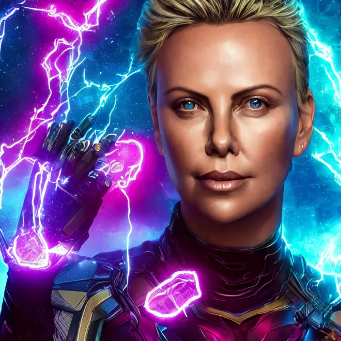 Image similar to portrait of ((Charlize Theron)), wearing The Infinity stones. SNAP. intricate artwork. octane render, trending on artstation, very coherent symmetrical artwork. avengers. thanos. cinematic, hyper realism, high detail, octane render, 8k, iridescent accents